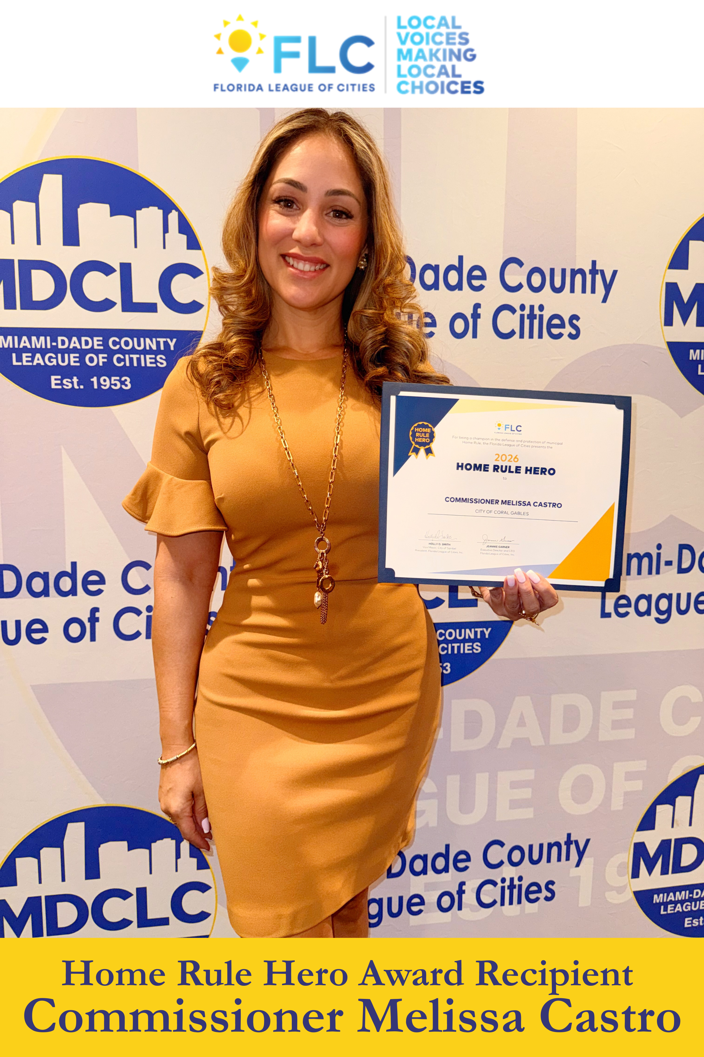Commissioner Melissa Castro receiving the Florida League of Cities Home Rule Hero Award